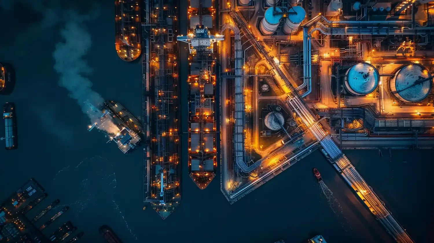 Aerial night view of an illuminated oil terminal and moored tanker ships