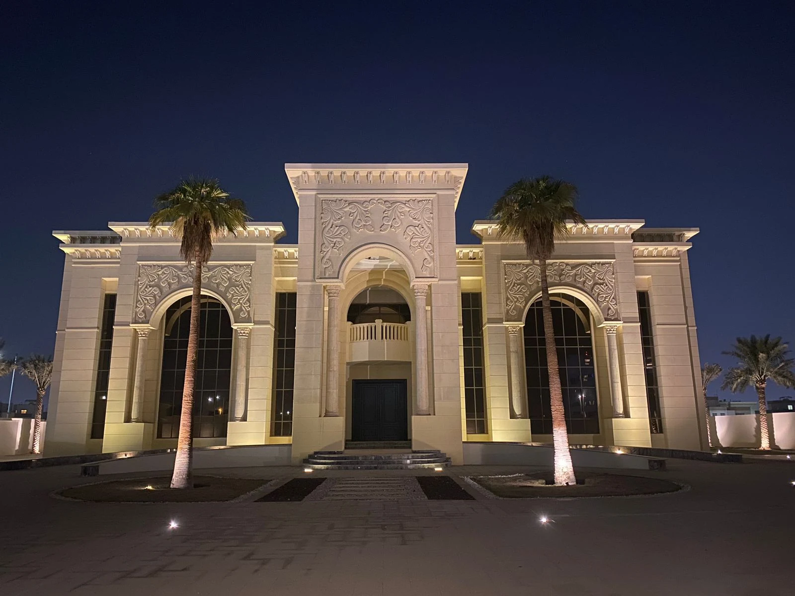 Completed Bonyan Gulf villa exterior illuminated at night