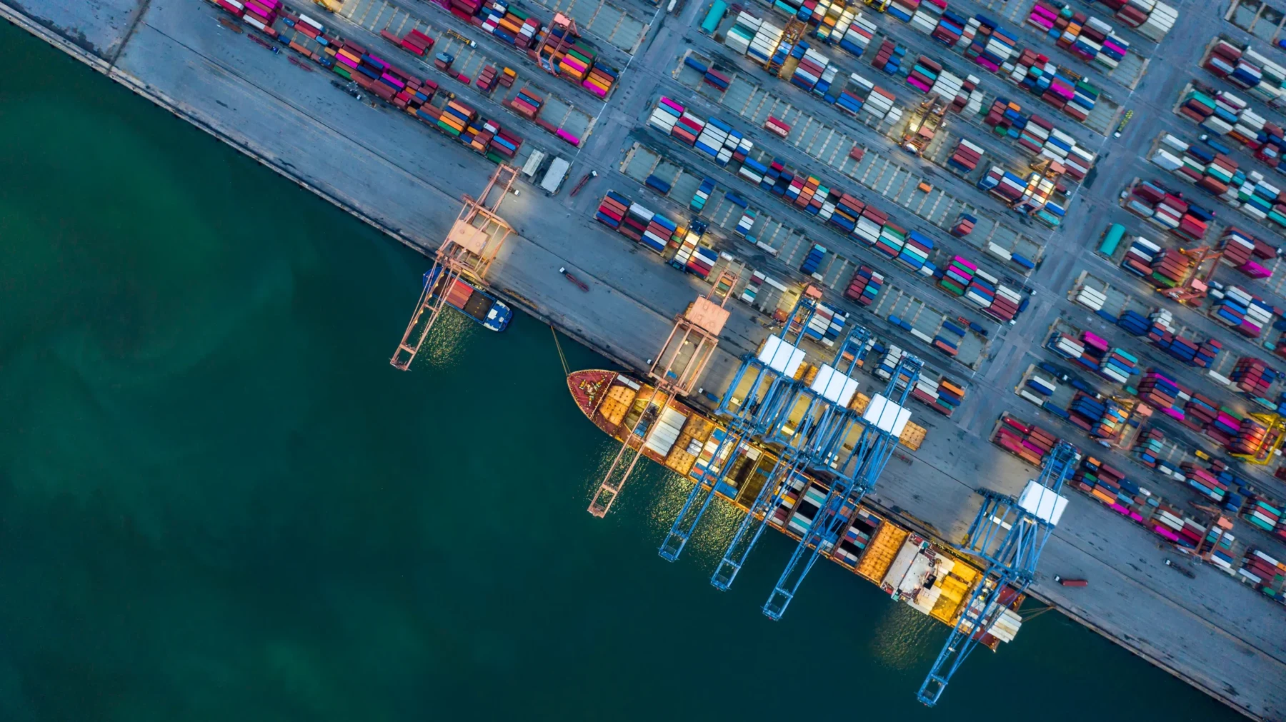 Aerial photograph of a container port with cargo ships and cranes