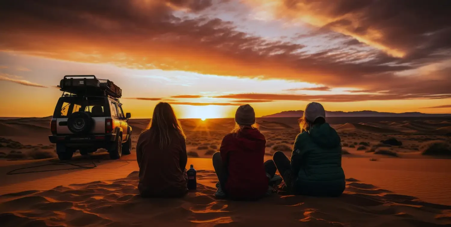Travellers watching a desert sunset beside a safari vehicle