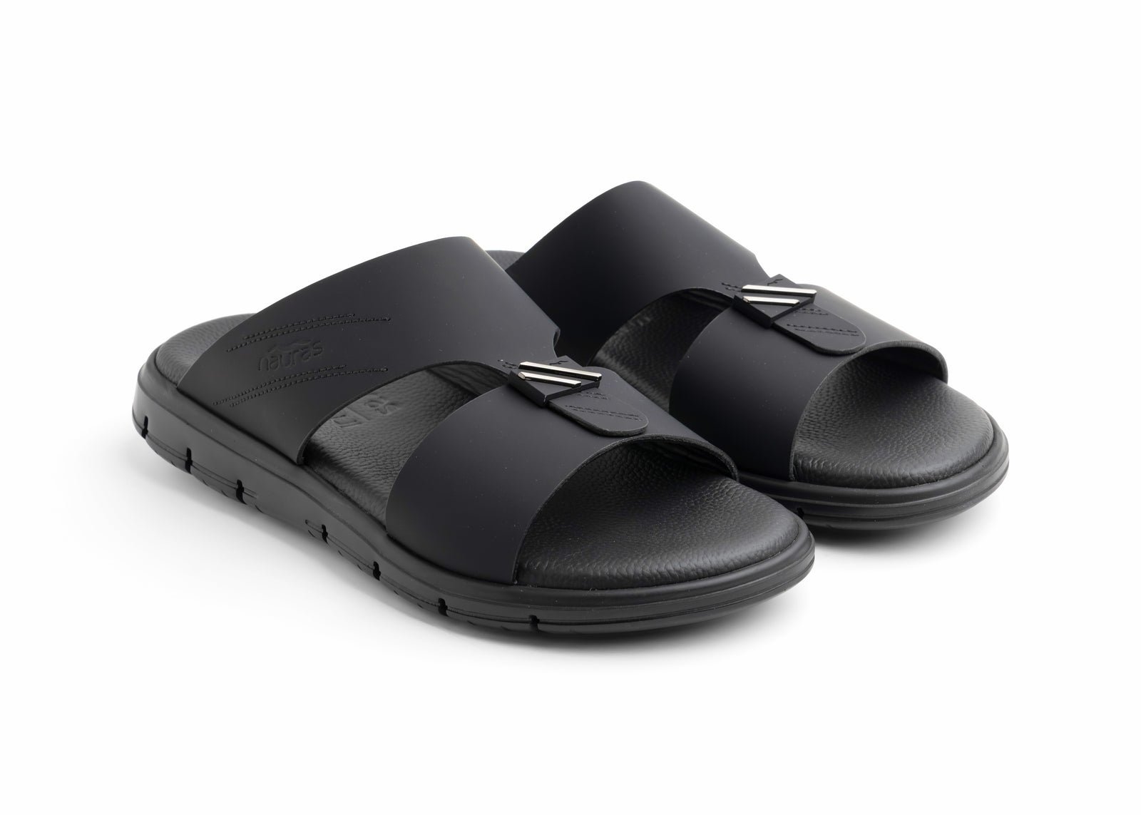 Nauras black leather sandals with silver buckle details